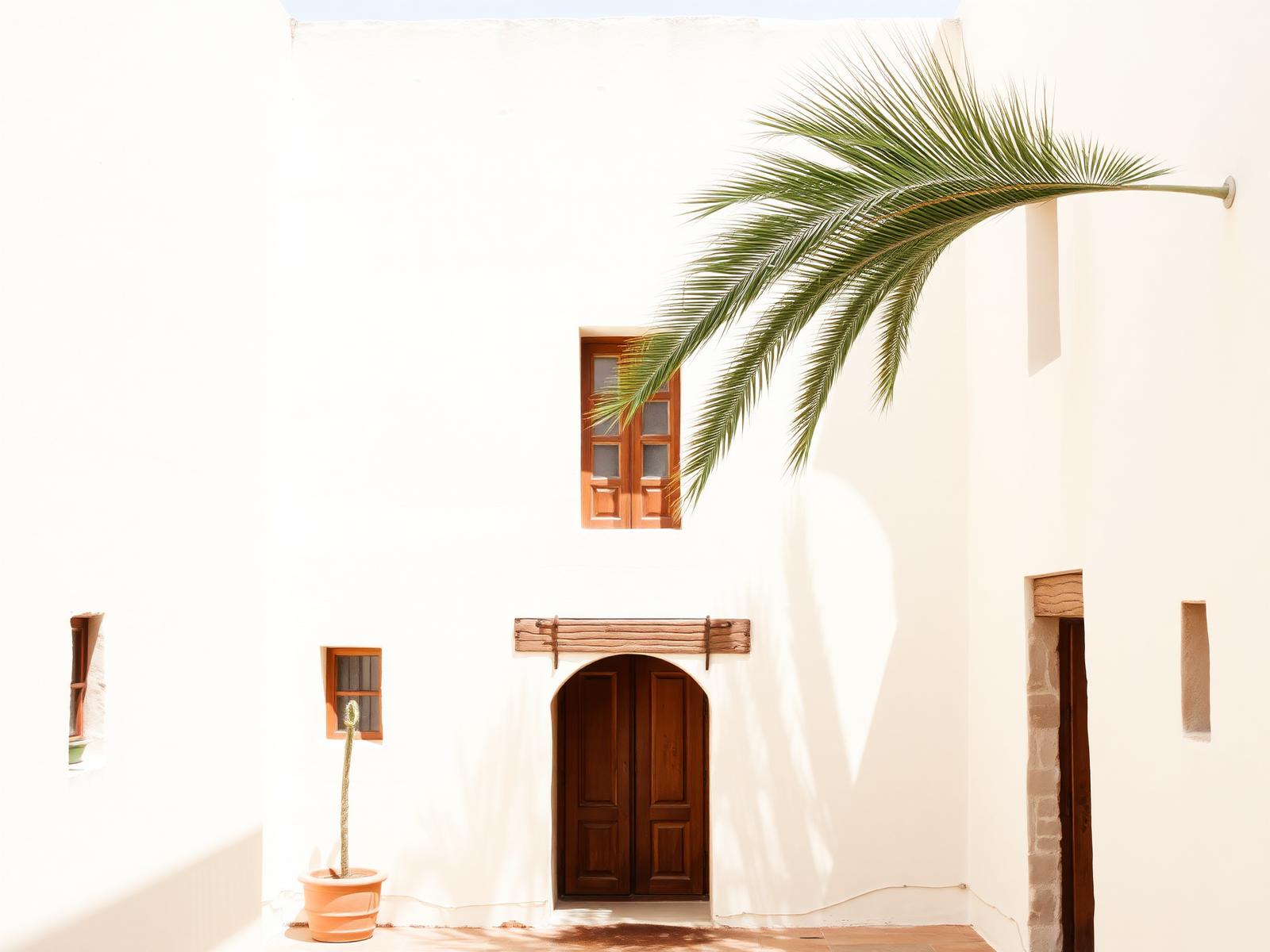 Whitewashed Moroccan courtyard with palm shadows